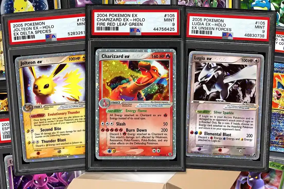 PSA 9 EX-Era Trio — Jolteon ex, Charizard ex, Lugia ex Pokémon card front