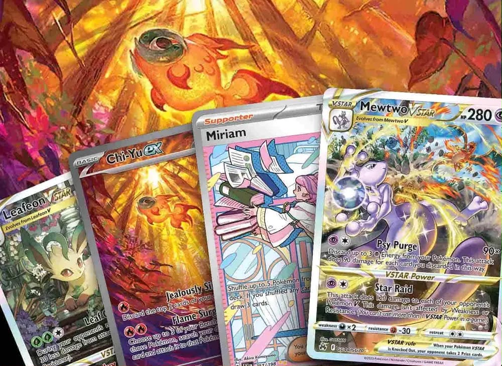Modern Meta 4-Card Spread — Mewtwo VSTAR, Miriam, Leafeon, Chi-Yu ex Pokémon card front